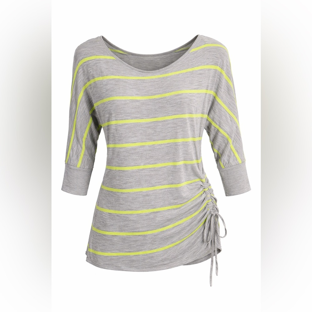 Express Gray Striped Side-Ruched Tunic with Neon Yellow Stripes